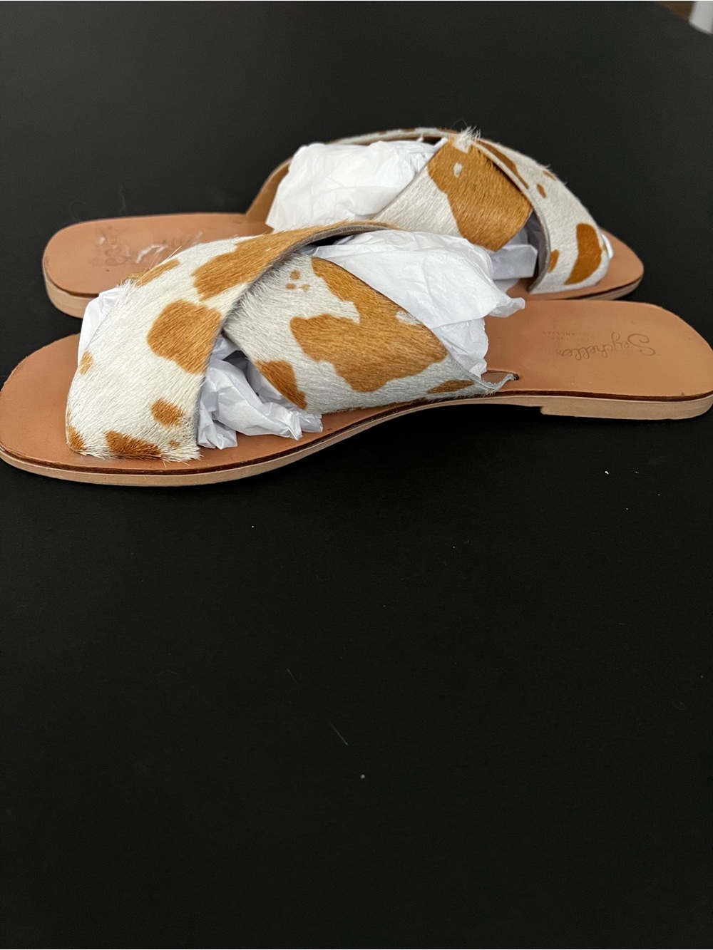 Seychelles Calf Hair White & Tan Criss Cross Slip on Flat Sandals